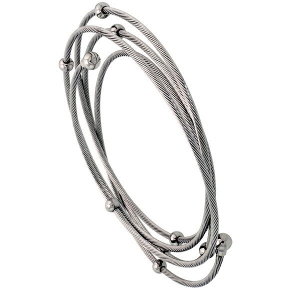 Stainless Steel Cable Bracelet for Women 2 mm thick, w/ 4 mm Beads & 5 mm